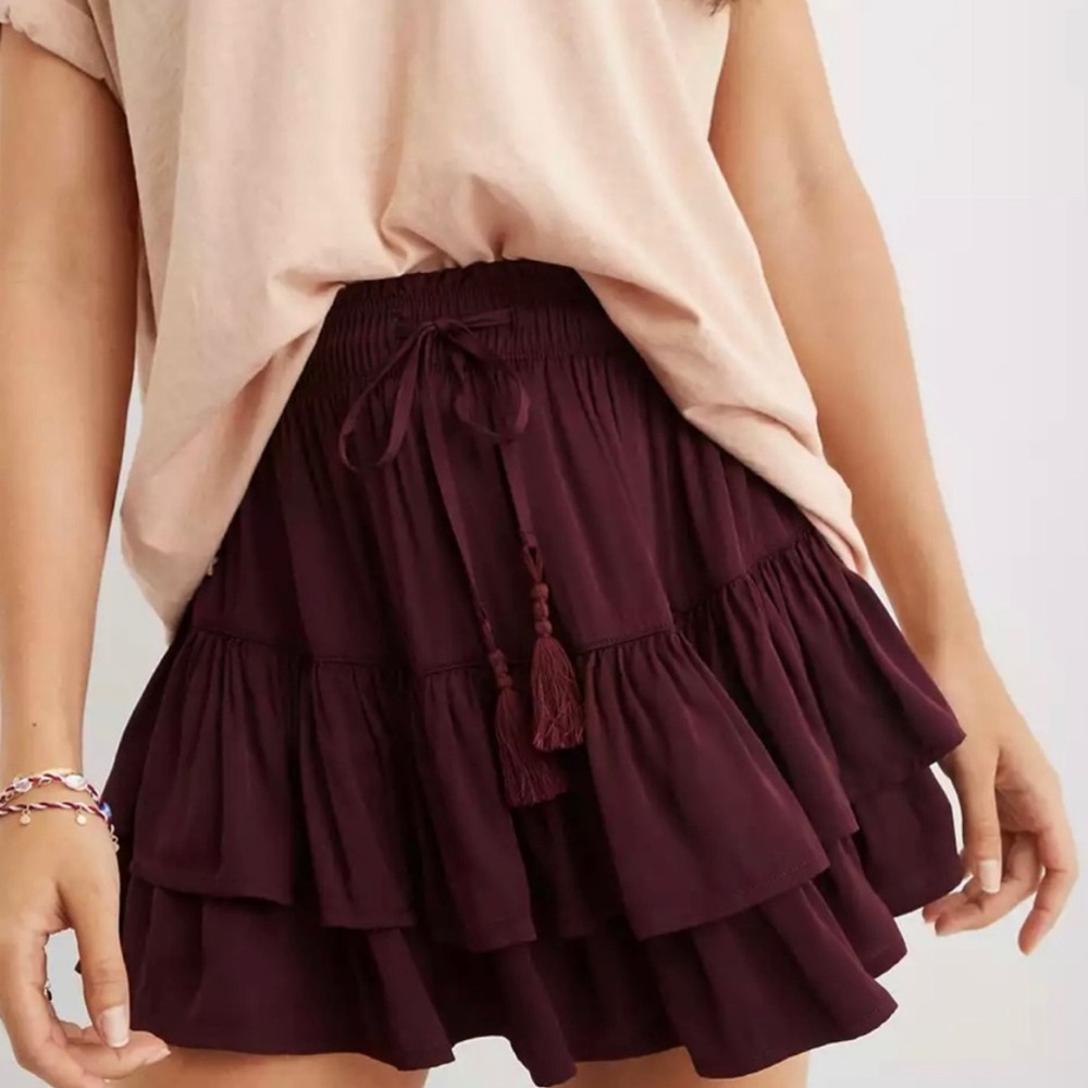 Aerie | Sweet ‘N’ Silky Satin Deep Wine Ruffle Skirt Medium NWOT